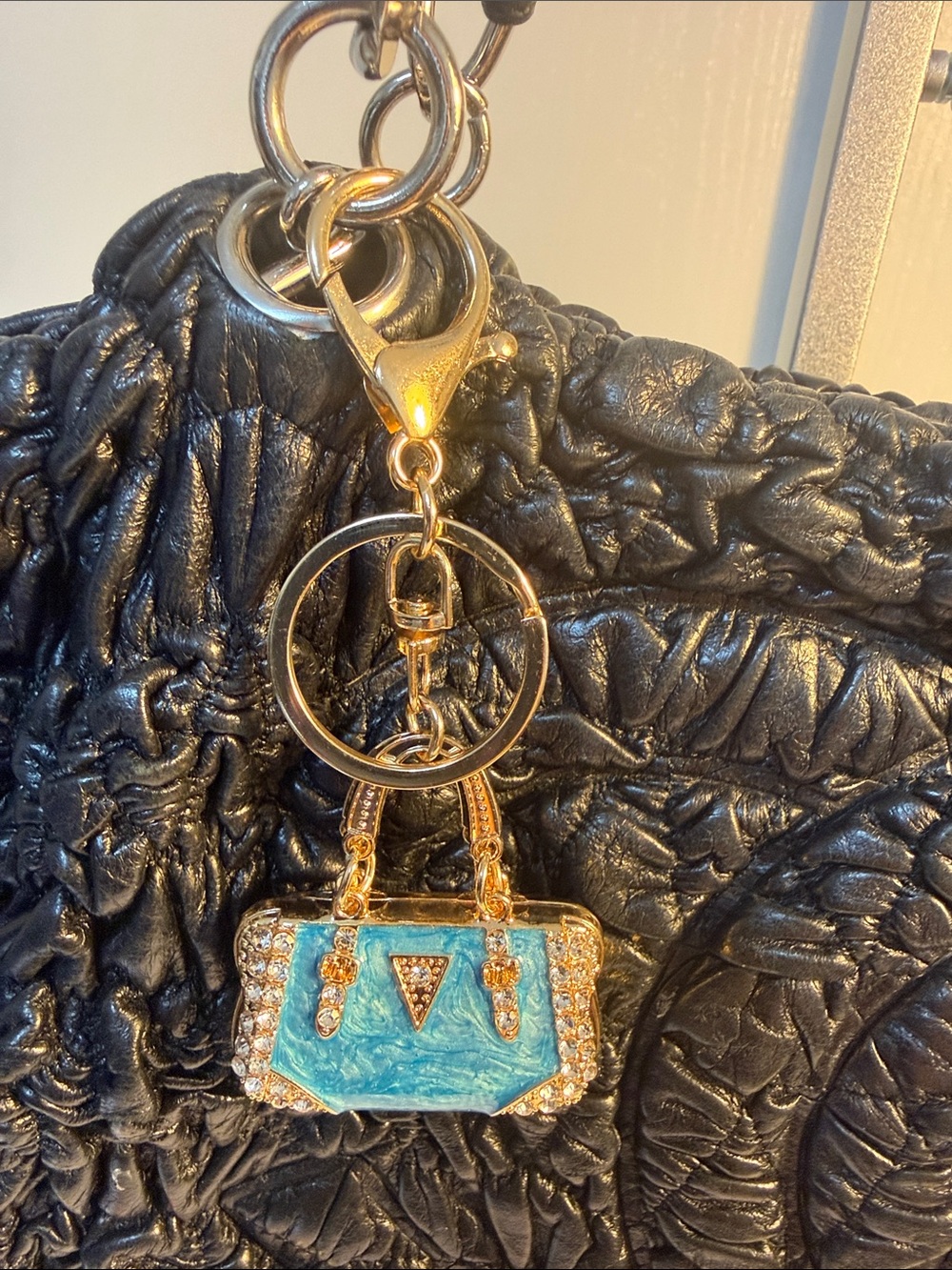 Gold-Tone Blue Enamel Handbag Keychain with Crystal Accents